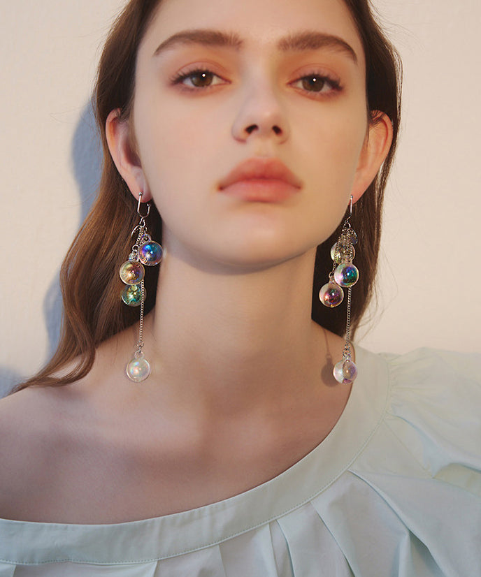 Beautiful Iridescent Bubble Long Tassel Crystal Bead Drop Earrings