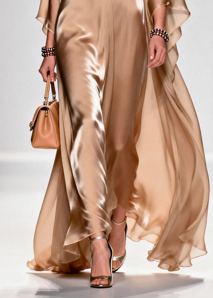 Beautiful Khaki Bow Exra Large Hem Draping Chiffon Maxi Dresses Summer