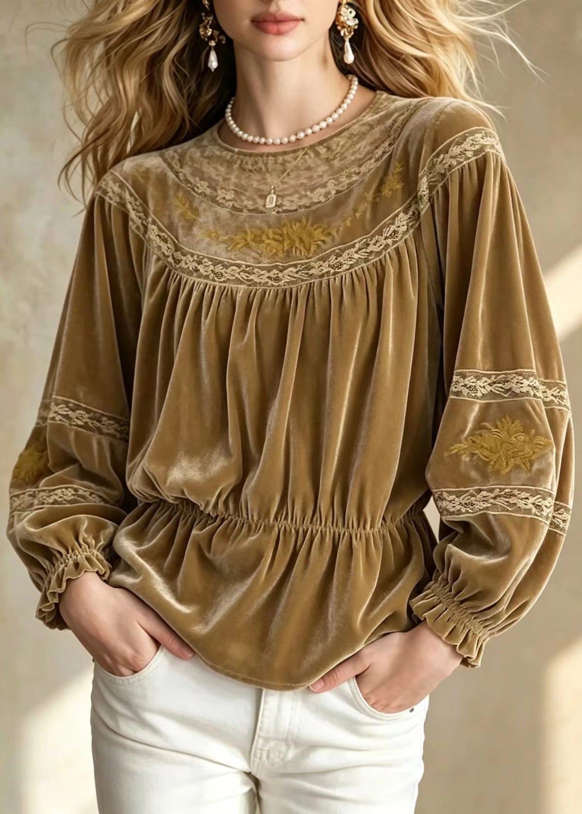 Beautiful Khaki Brown O-Neck Embroidered Lace Patchwork Shirt Fall