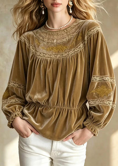 Beautiful Khaki Brown O-Neck Embroidered Lace Patchwork Shirt Fall