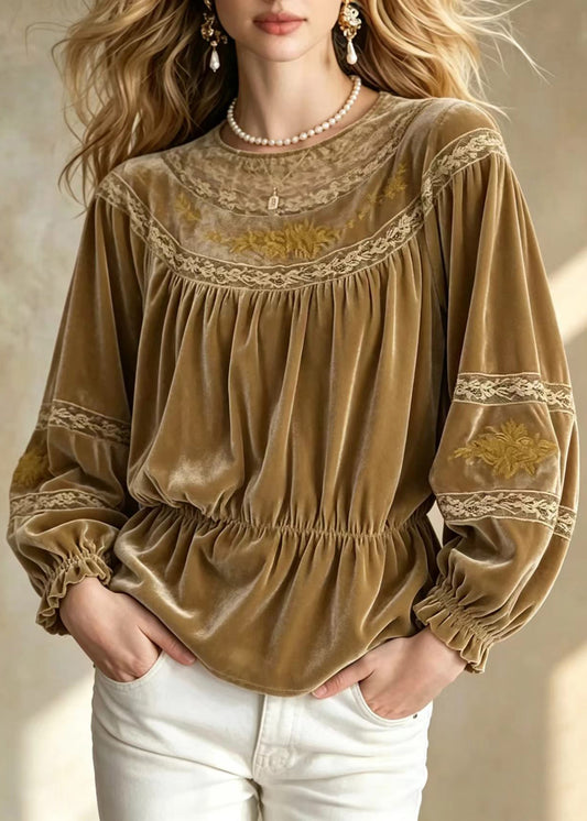 Beautiful Khaki Brown O-Neck Embroidered Lace Patchwork Shirt Fall