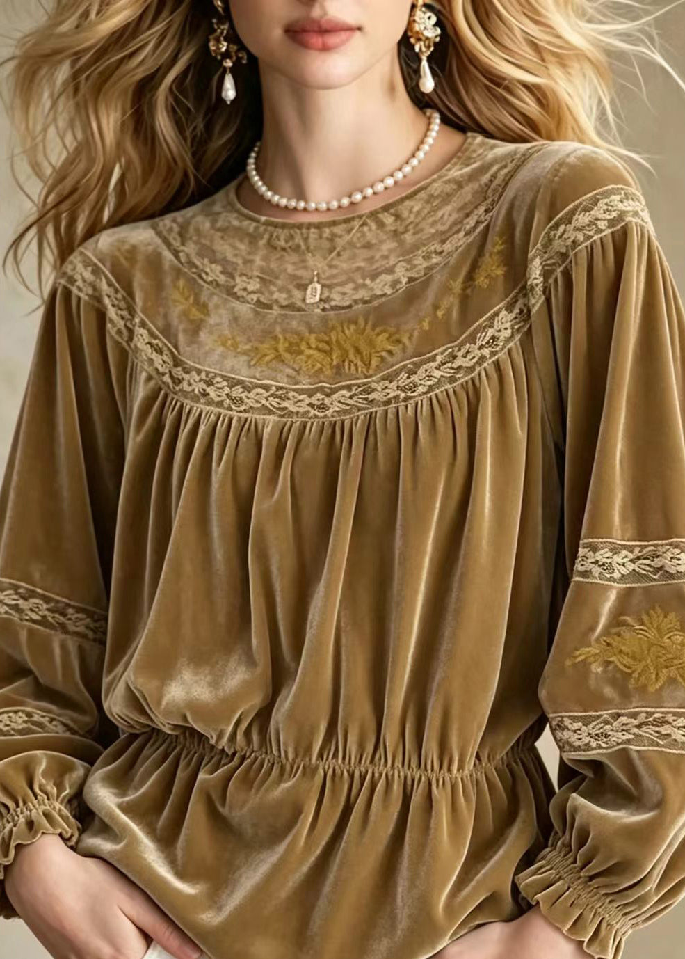 Beautiful Khaki Brown O-Neck Embroidered Lace Patchwork Shirt Fall