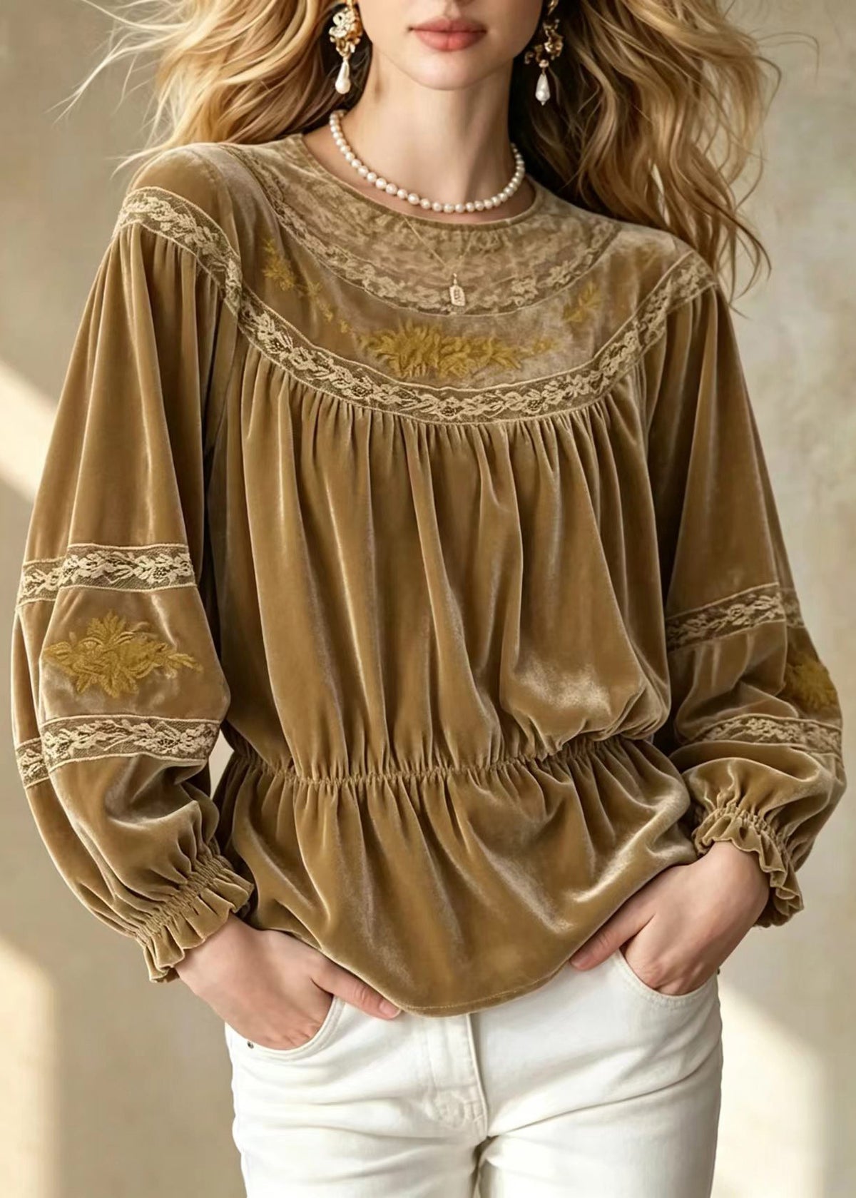 Beautiful Khaki Brown O-Neck Embroidered Lace Patchwork Shirt Fall