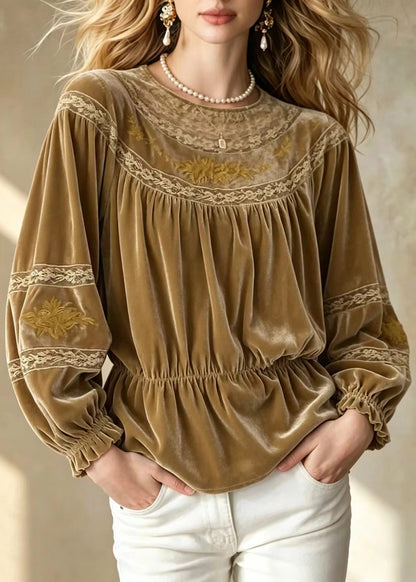 Beautiful Khaki Brown O-Neck Embroidered Lace Patchwork Shirt Fall