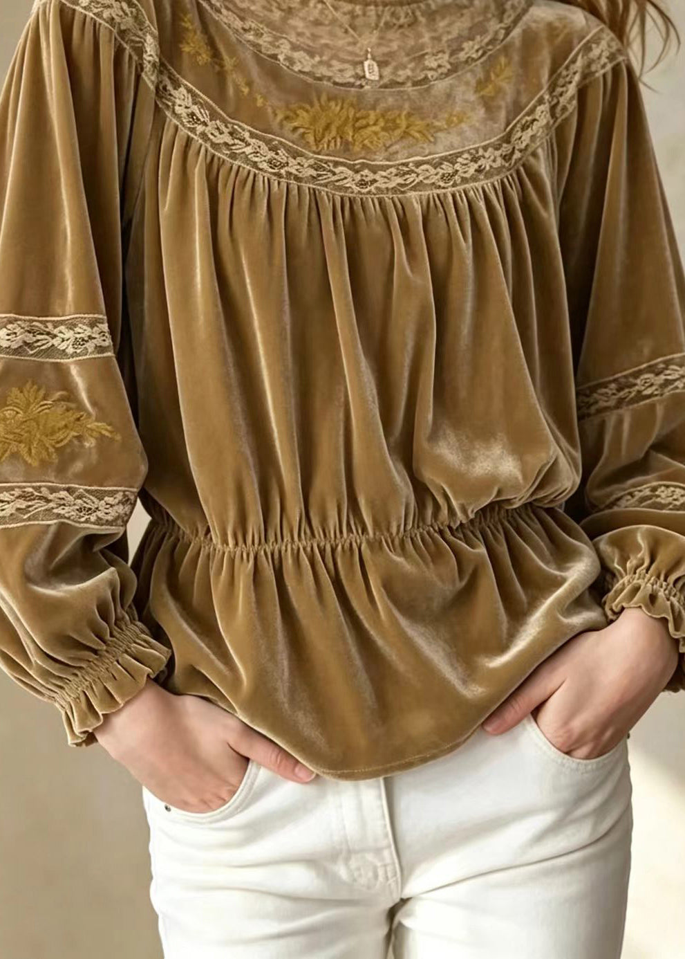 Beautiful Khaki Brown O-Neck Embroidered Lace Patchwork Shirt Fall