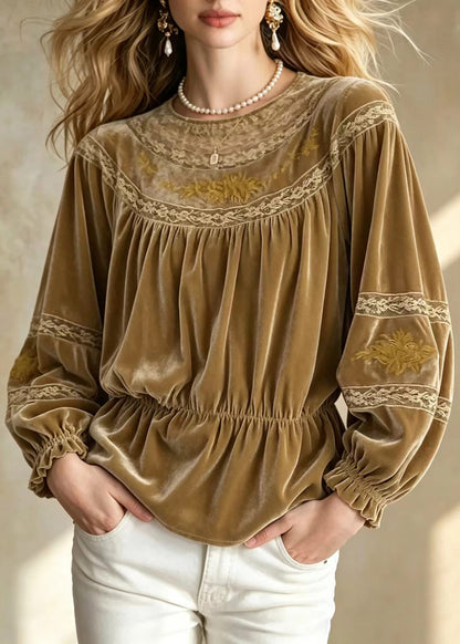Beautiful Khaki Brown O-Neck Embroidered Lace Patchwork Shirt Fall