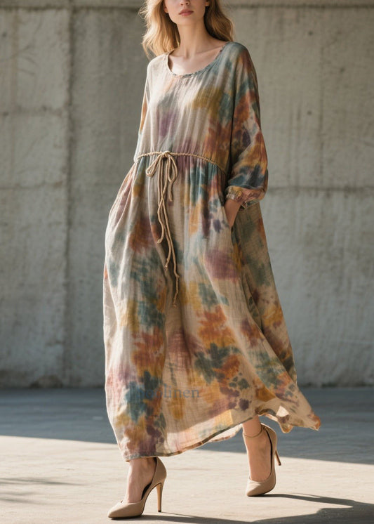 Beautiful Khaki Cinched Tie Dye Cotton Long Dress Fall