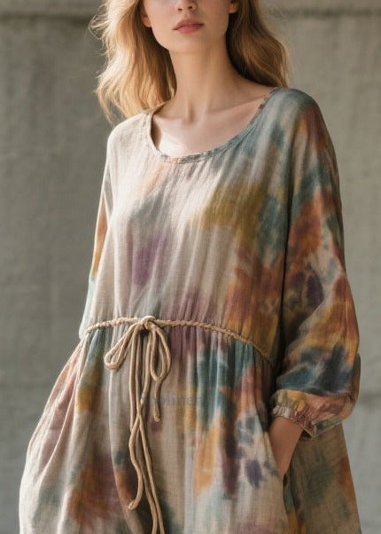 Beautiful Khaki Cinched Tie Dye Cotton Long Dress Fall