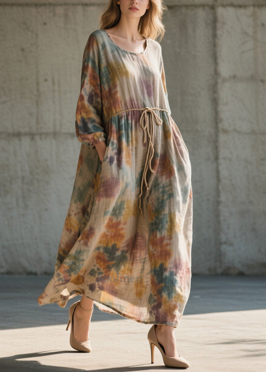 Beautiful Khaki Cinched Tie Dye Cotton Long Dress Fall