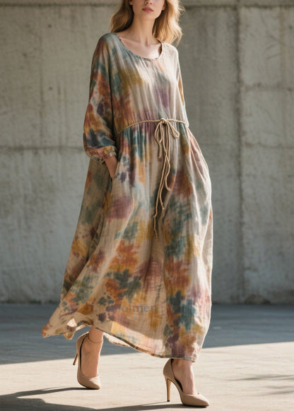 Beautiful Khaki Cinched Tie Dye Cotton Long Dress Fall