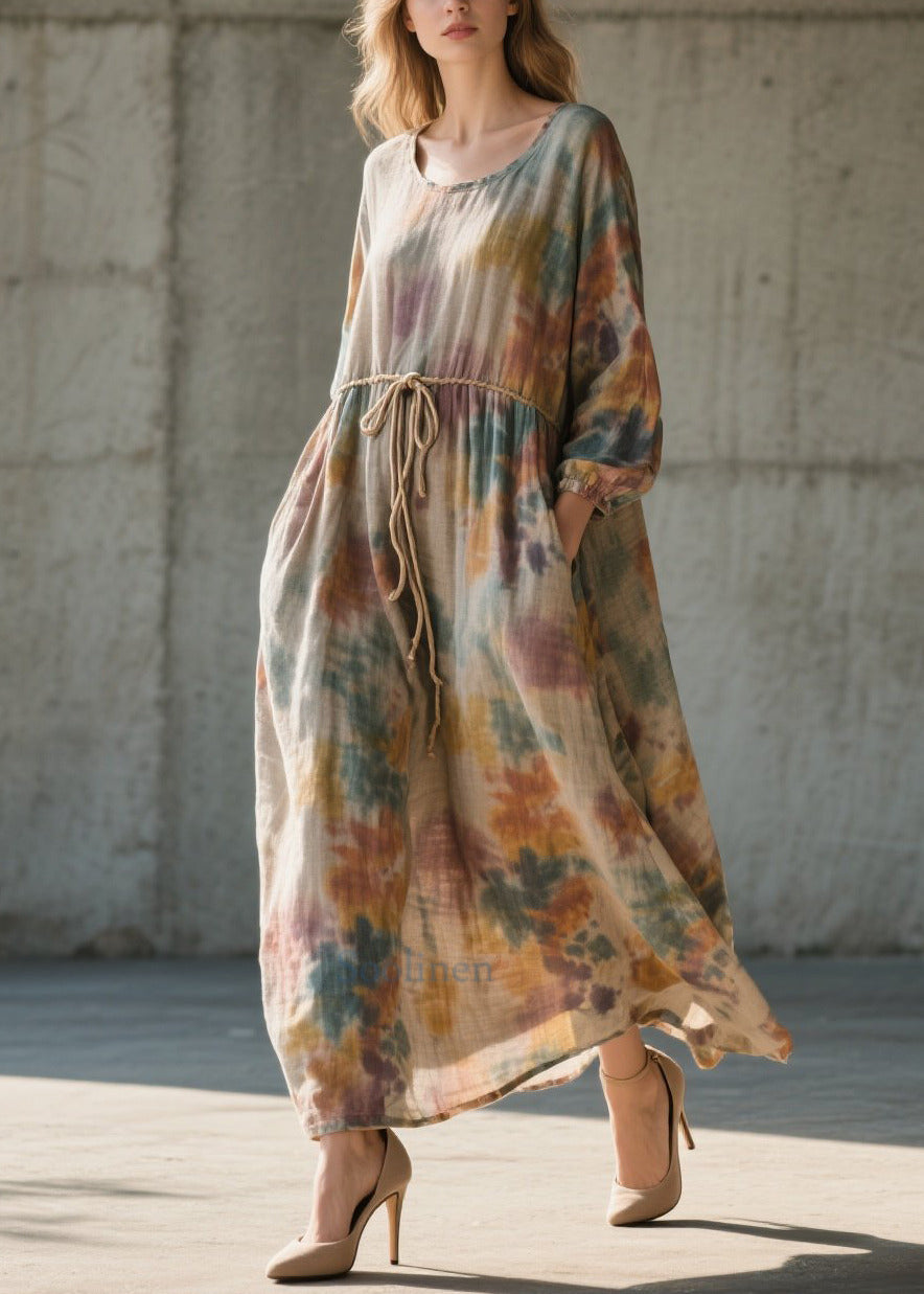 Beautiful Khaki Cinched Tie Dye Cotton Long Dress Fall