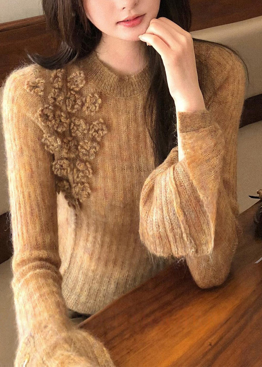 Beautiful Khaki O-Neck Floral Solid Cotton Knit Sweater Flare Sleeve