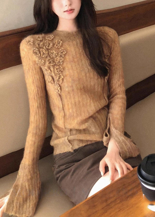 Beautiful Khaki O-Neck Floral Solid Cotton Knit Sweater Flare Sleeve