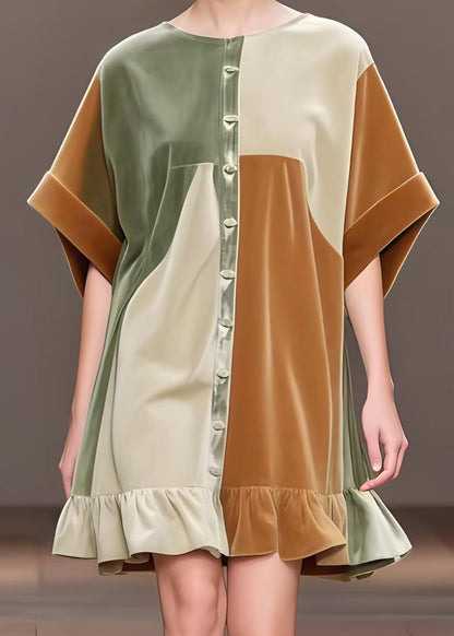 Beautiful Khaki Oversized Patchwork Silk Velvet Tea Dress Spring