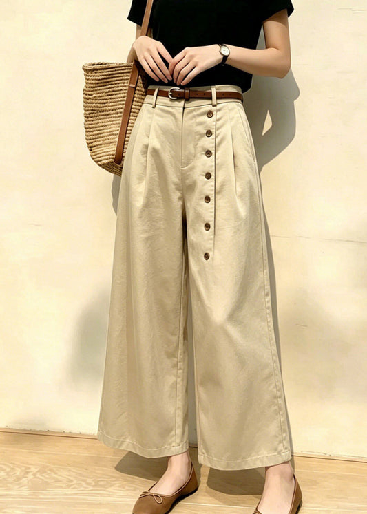 Beautiful Khaki Side Button High Waist Wide Leg Crop Pants Summer