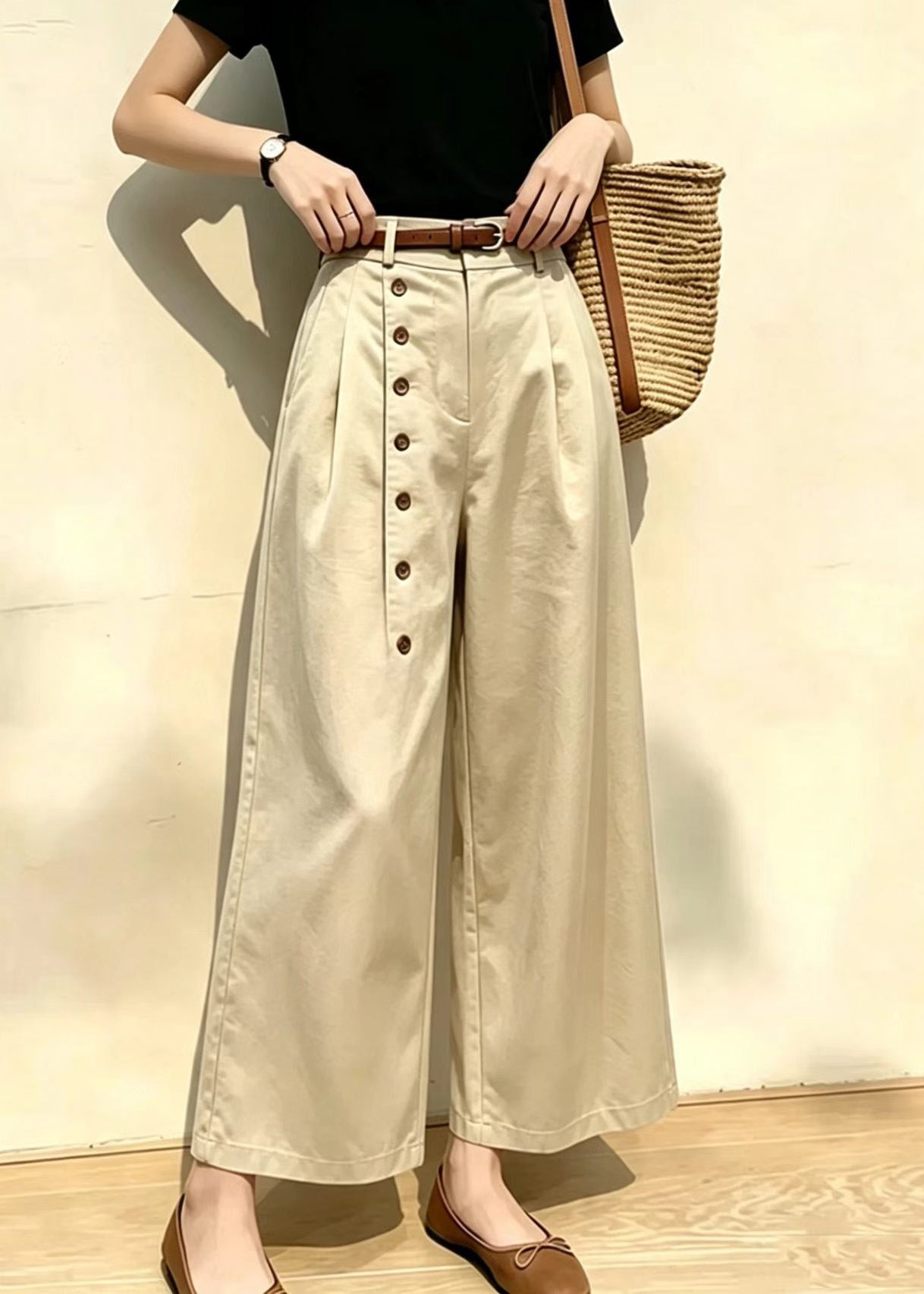 Beautiful Khaki Side Button High Waist Wide Leg Crop Pants Summer