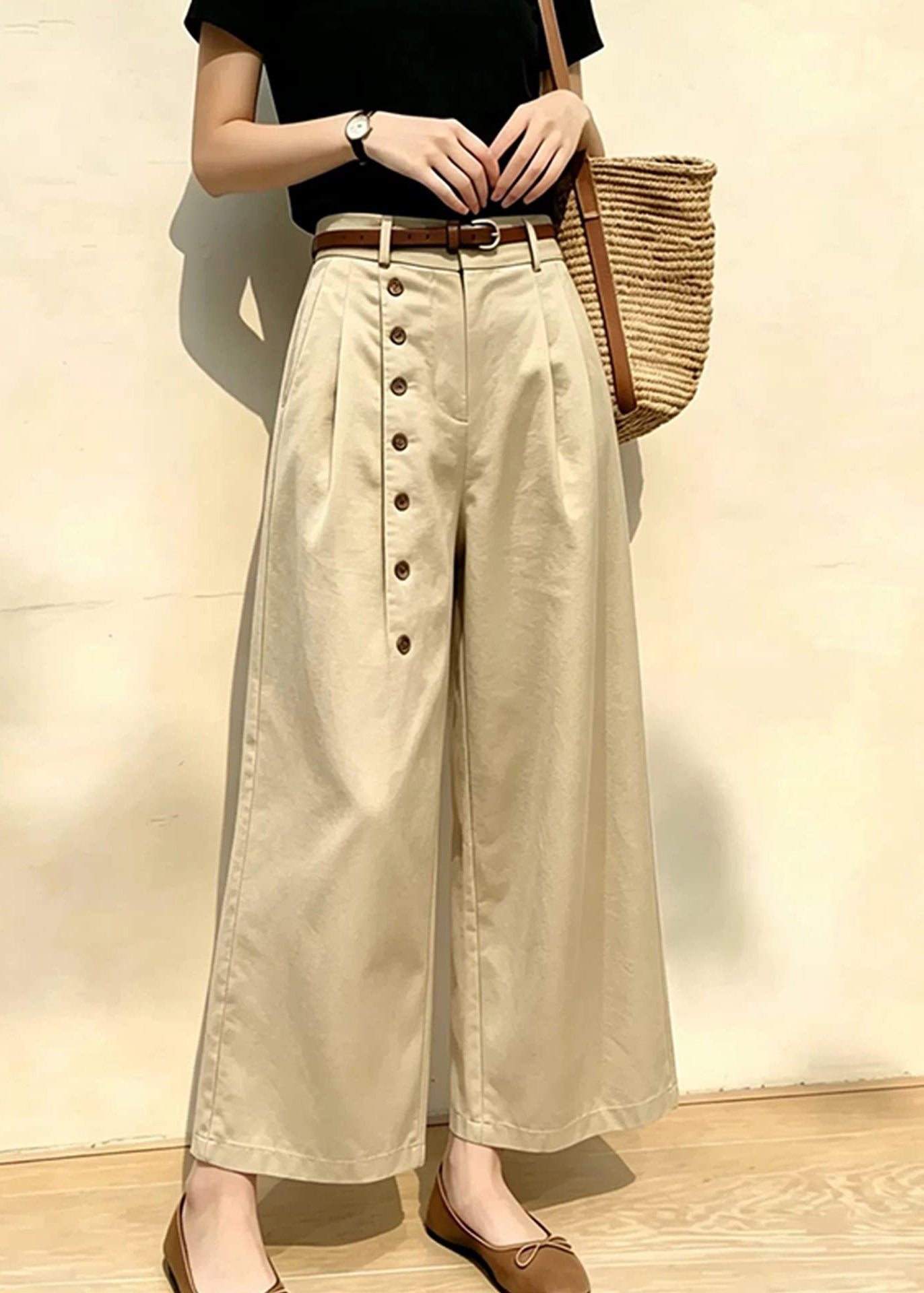 Beautiful Khaki Side Button High Waist Wide Leg Crop Pants Summer