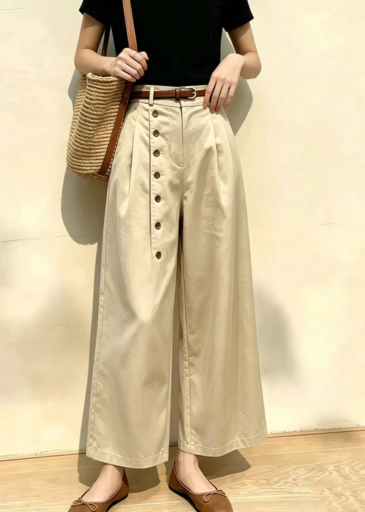 Beautiful Khaki Side Button High Waist Wide Leg Crop Pants Summer