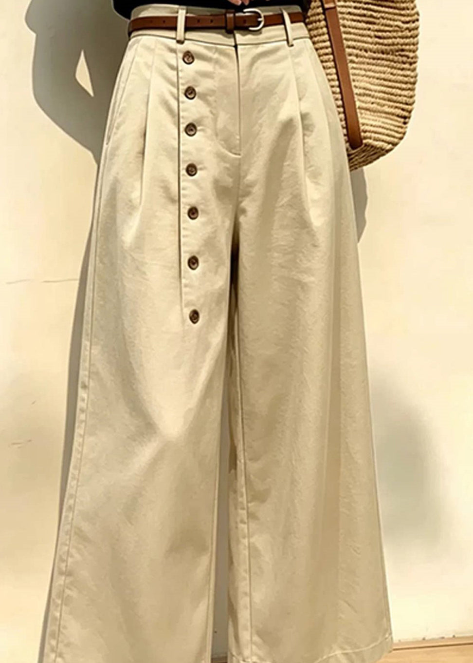 Beautiful Khaki Side Button High Waist Wide Leg Crop Pants Summer