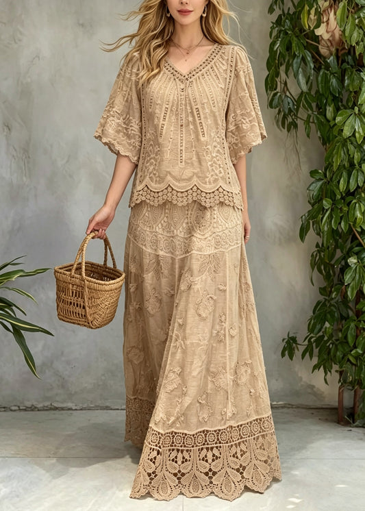 Beautiful Khaki V Neck Hollow Out Patchwork Lace Two Pieces Set Summer