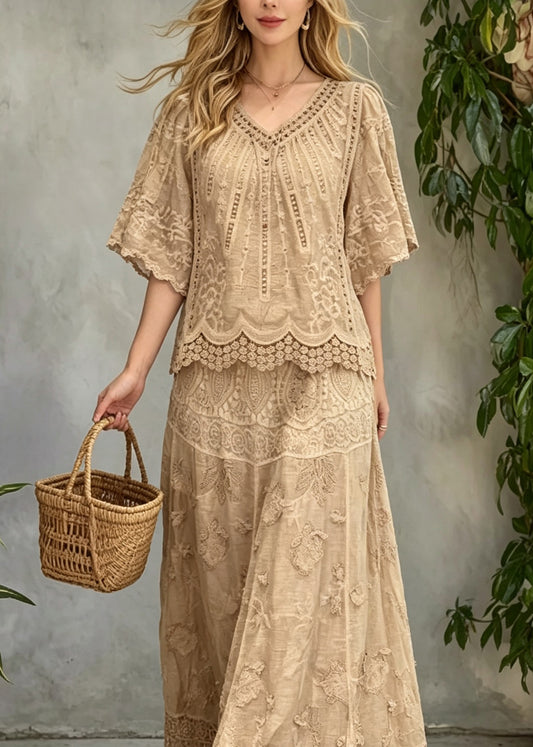 Beautiful Khaki V Neck Hollow Out Patchwork Lace Two Pieces Set Summer