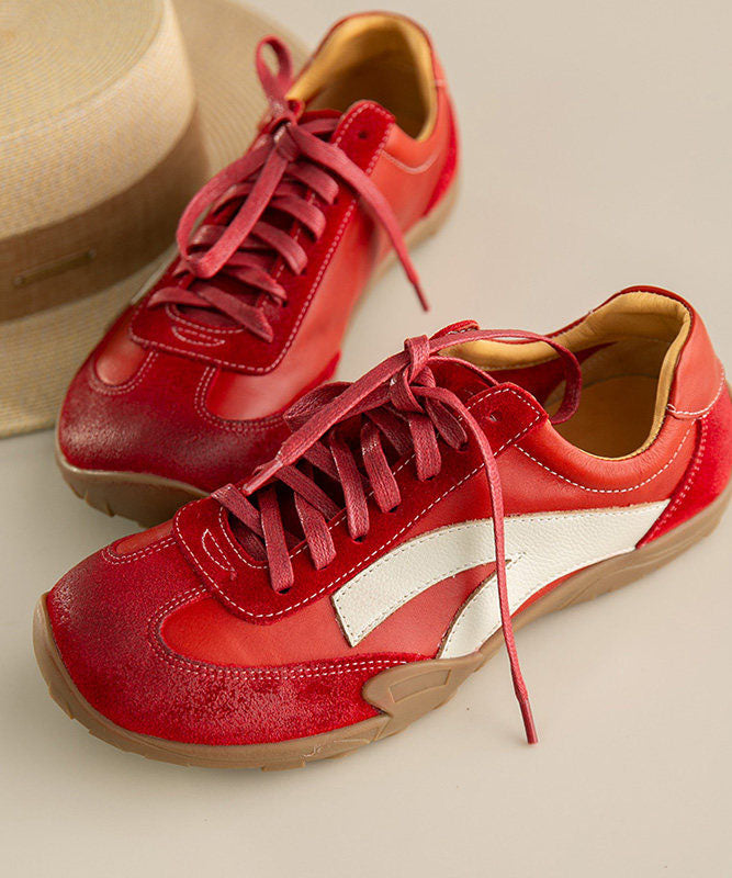 Beautiful Lace Up Flat Shoes Red Cowhide Leather