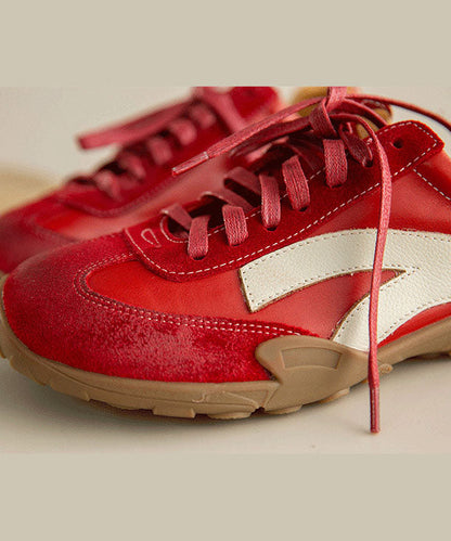 Beautiful Lace Up Flat Shoes Red Cowhide Leather