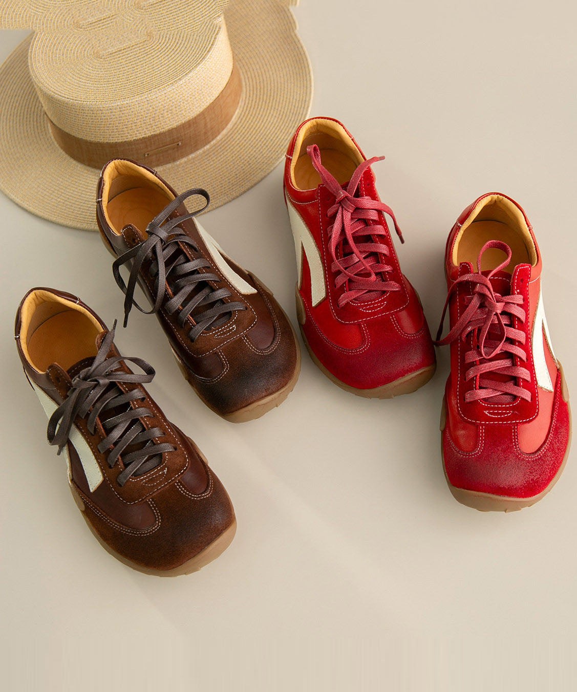 Beautiful Lace Up Flat Shoes Red Cowhide Leather