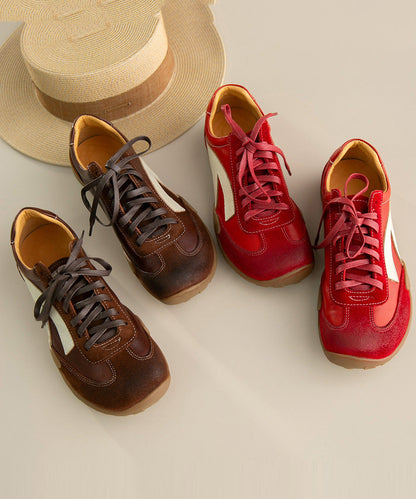 Beautiful Lace Up Flat Shoes Red Cowhide Leather