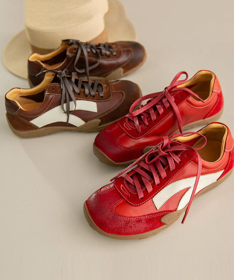 Beautiful Lace Up Flat Shoes Red Cowhide Leather