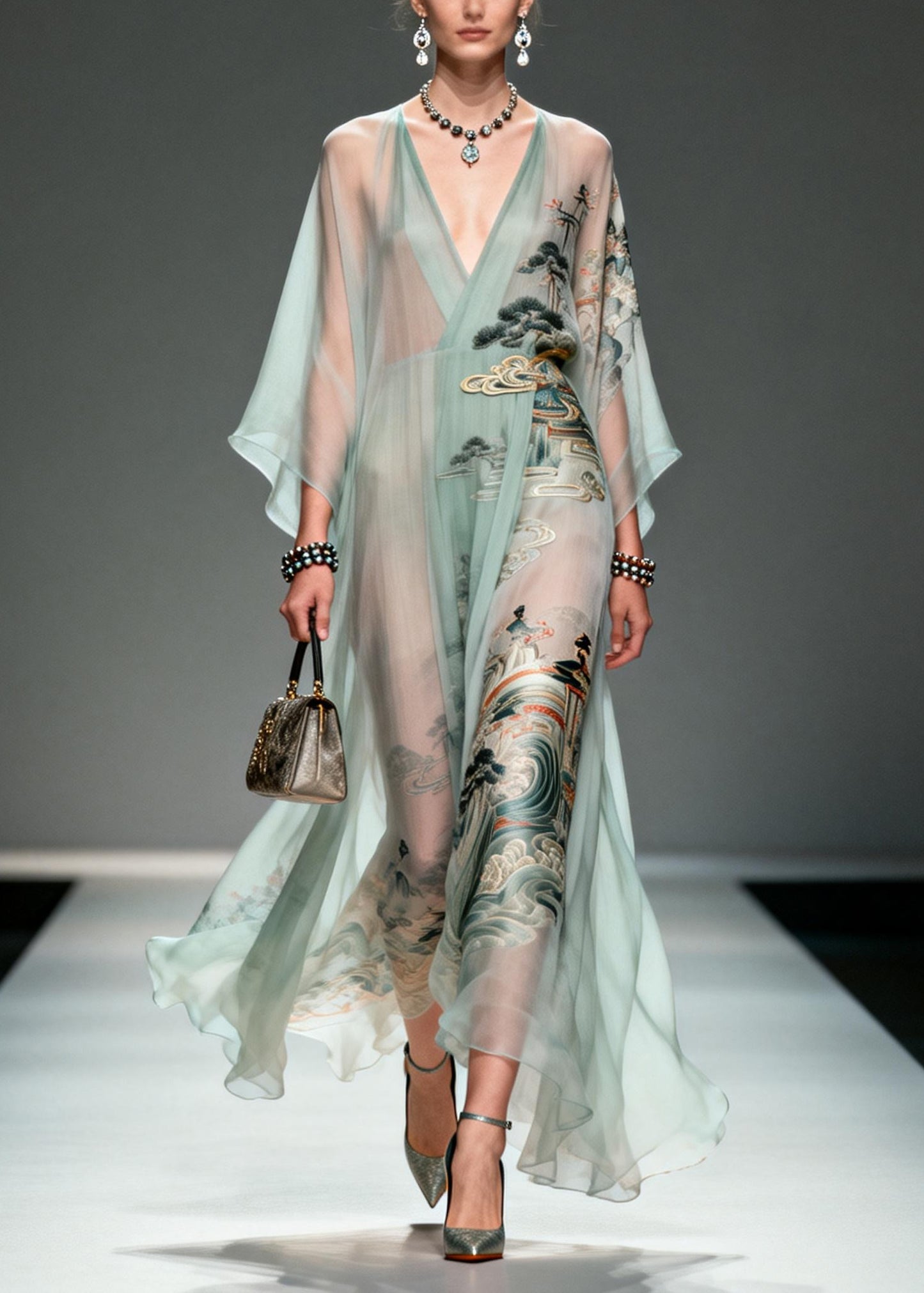 Beautiful Lake Green Oversized Print Chiffon Robe Dresses Summer