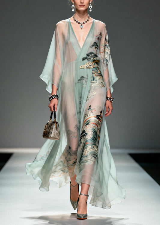 Beautiful Lake Green Oversized Print Chiffon Robe Dresses Summer