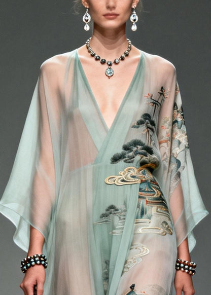 Beautiful Lake Green Oversized Print Chiffon Robe Dresses Summer