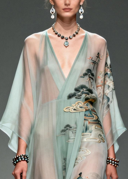 Beautiful Lake Green Oversized Print Chiffon Robe Dresses Summer