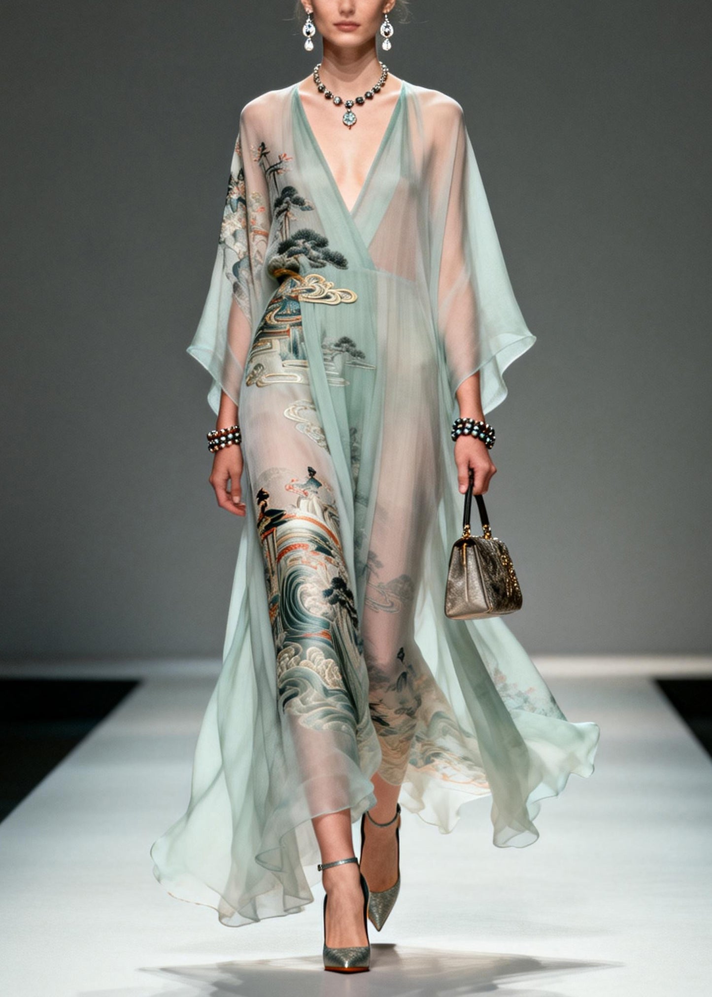 Beautiful Lake Green Oversized Print Chiffon Robe Dresses Summer
