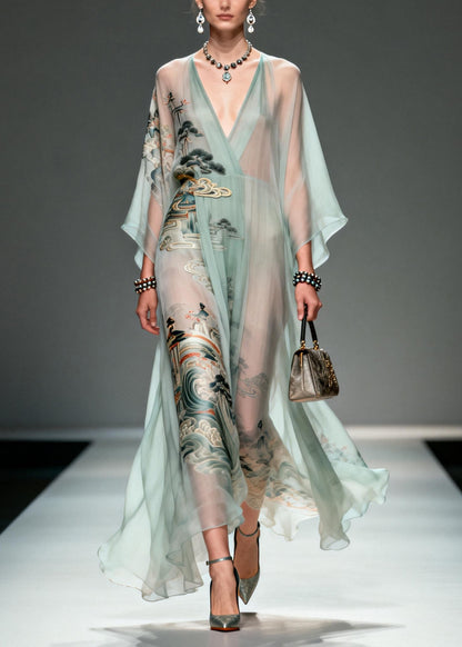 Beautiful Lake Green Oversized Print Chiffon Robe Dresses Summer