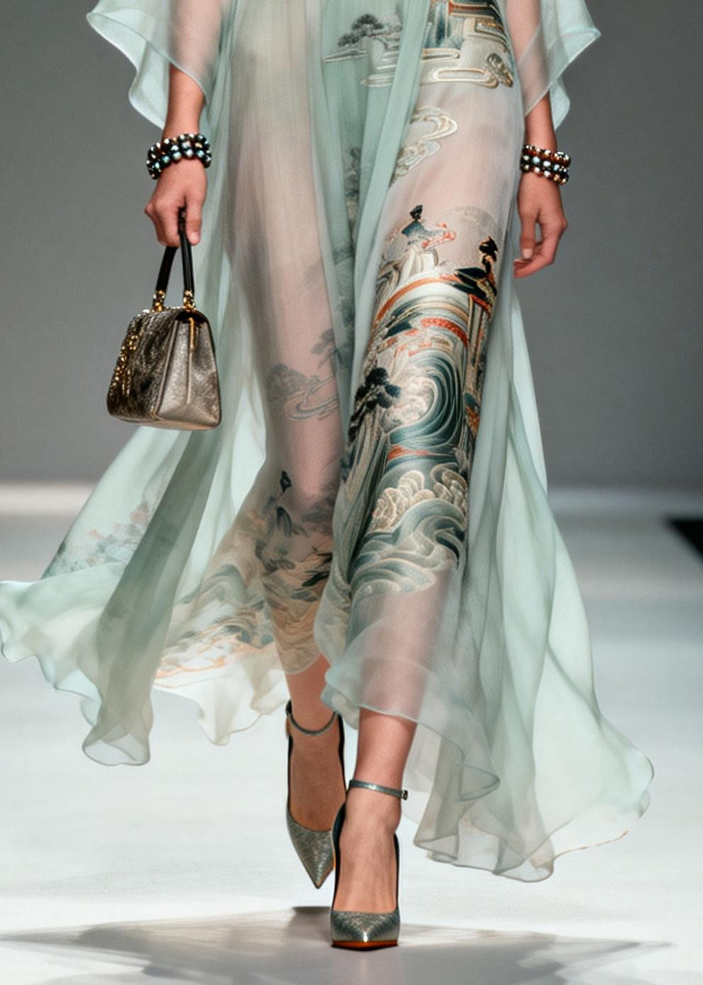 Beautiful Lake Green Oversized Print Chiffon Robe Dresses Summer