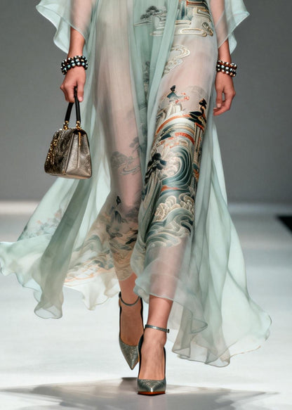 Beautiful Lake Green Oversized Print Chiffon Robe Dresses Summer
