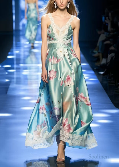 Beautiful Lake Green Print Exra Large Hem Silk Party Sundress