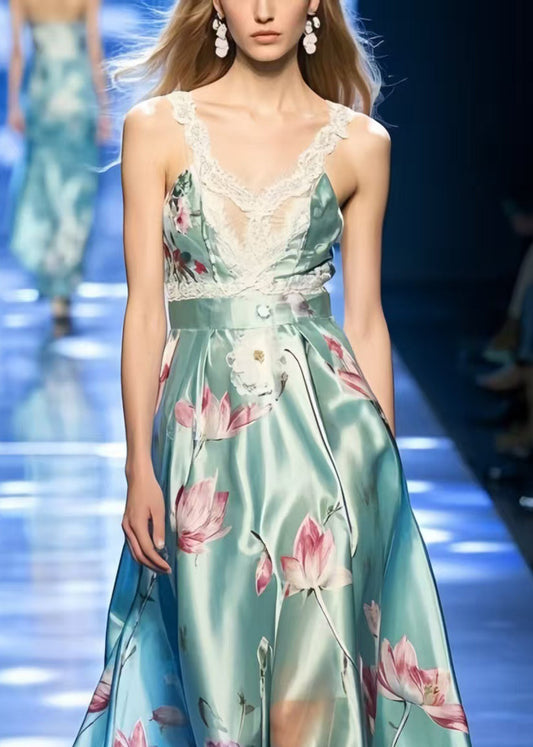 Beautiful Lake Green Print Exra Large Hem Silk Party Sundress