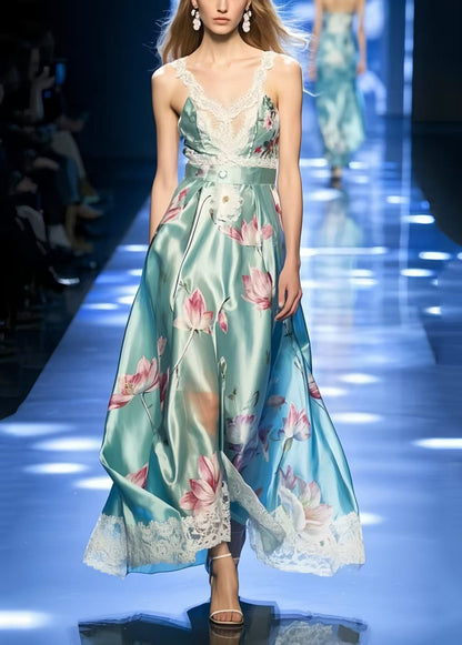 Beautiful Lake Green Print Exra Large Hem Silk Party Sundress