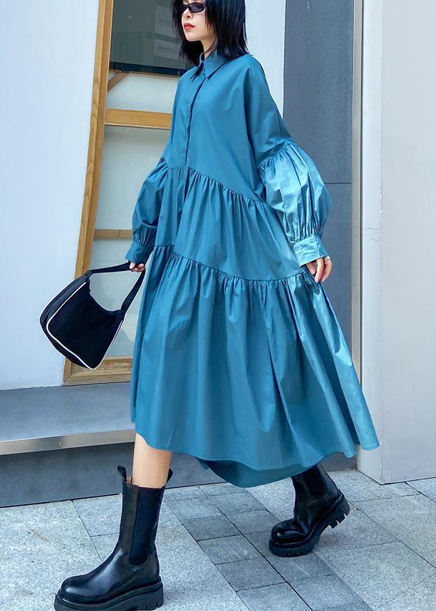 Beautiful Lapel Cinched Spring Clothes For Women Fabrics Blue Dresses - SooLinen