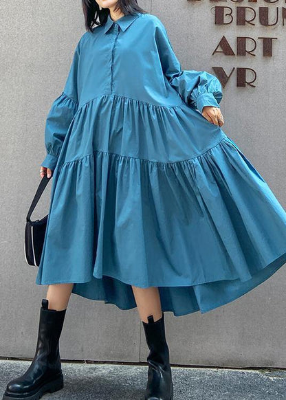 Beautiful Lapel Cinched Spring Clothes For Women Fabrics Blue Dresses - SooLinen