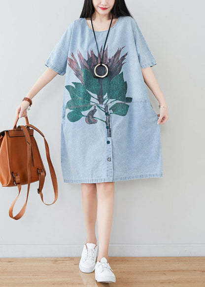 Beautiful Light Blue Oversized Patchwork Print Cotton Denim Dress Summer