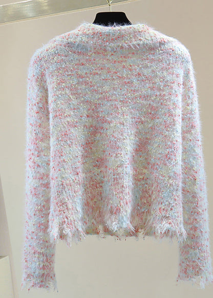 Beautiful Light Blue Peter Pan Collar Floral Tassel Thick Cotton Knitted Sweater Winter