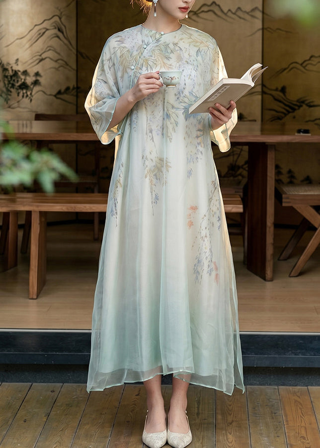 Beautiful Light Blue Print Side Open Silk Holiday Dress Summer
