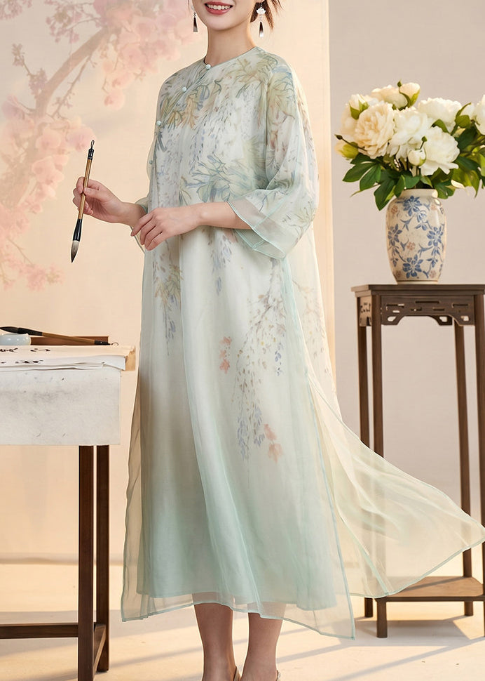 Beautiful Light Blue Print Side Open Silk Holiday Dress Summer