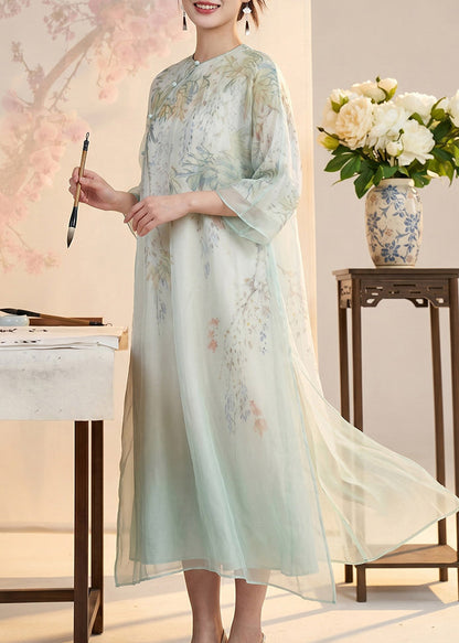 Beautiful Light Blue Print Side Open Silk Holiday Dress Summer