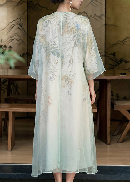 Beautiful Light Blue Print Side Open Silk Holiday Dress Summer