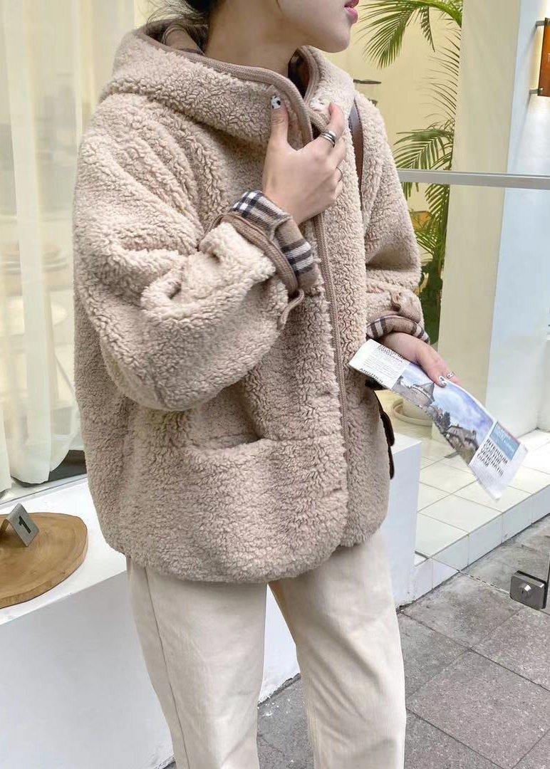 Beautiful Light Chocolate Outwear Coat Hooded Pockets Outwears